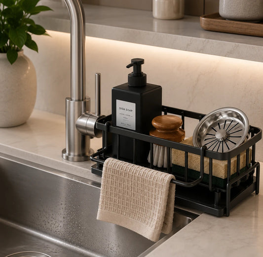 Kitchen Sink Organizer Caddy – Sponge Holder & Brush Holder with Self-Draining Tray