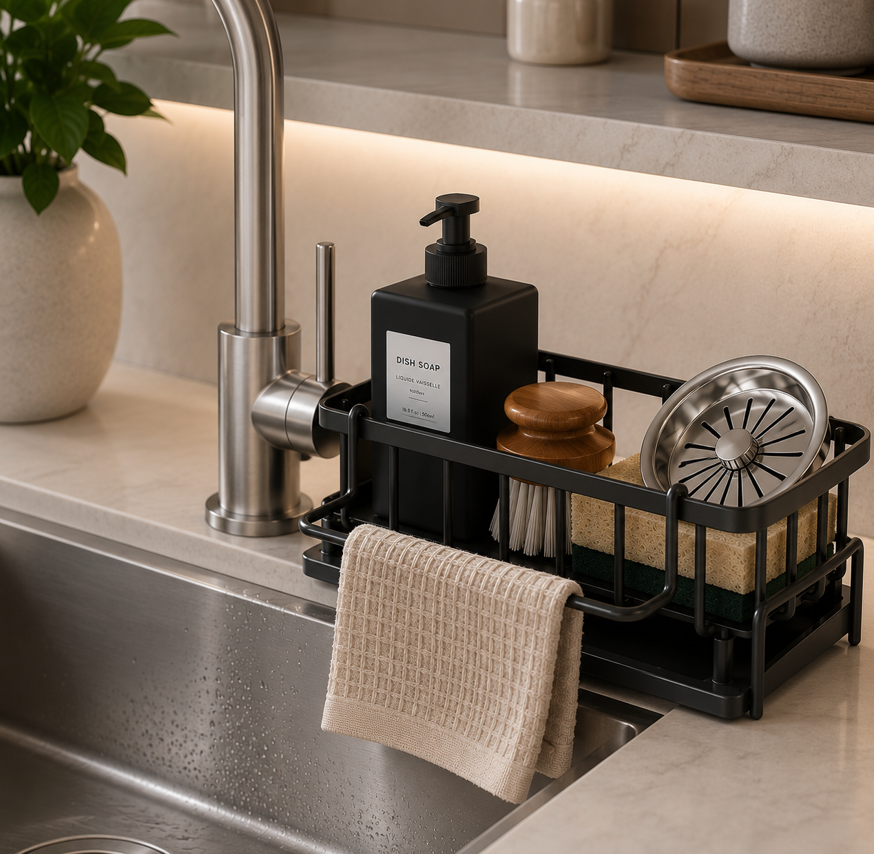 Kitchen Sink Organizer Caddy – Sponge Holder & Brush Holder with Self-Draining Tray