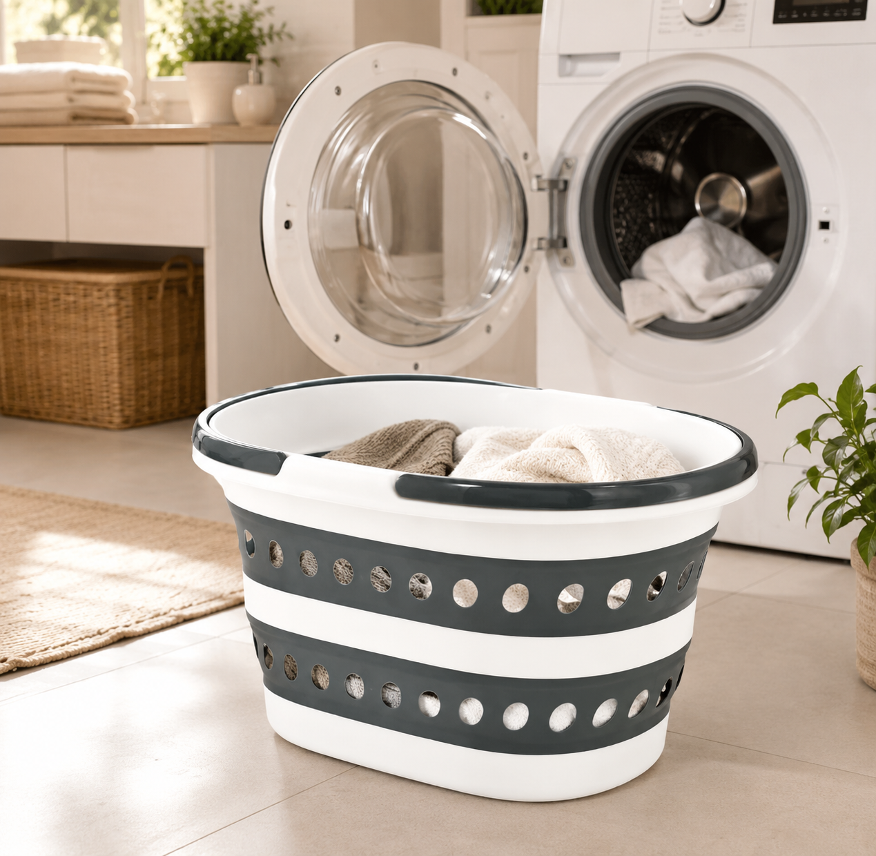 Collapsible Laundry Basket – Foldable Plastic Clothes Hamper with Comfort Handles