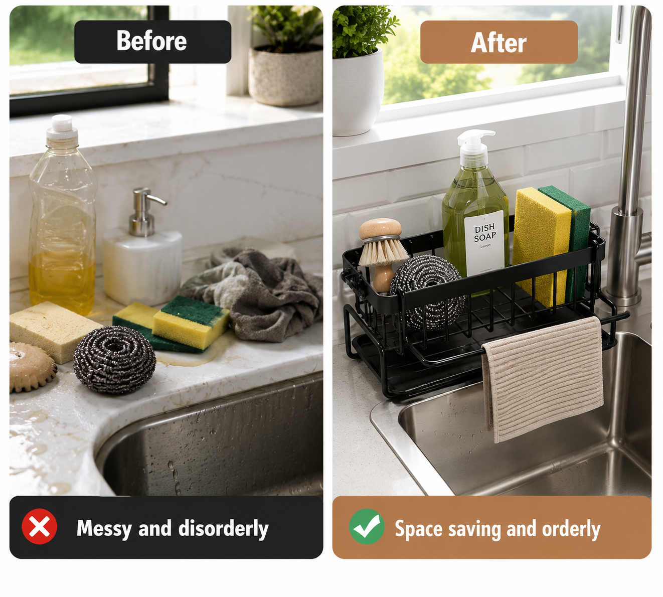 Kitchen Sink Organizer Caddy – Sponge Holder & Brush Holder with Self-Draining Tray