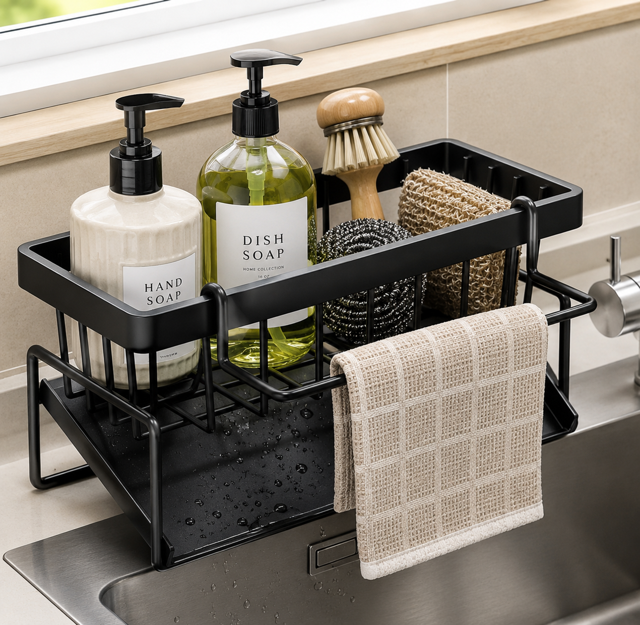 Kitchen Sink Organizer Caddy – Sponge Holder & Brush Holder with Self-Draining Tray